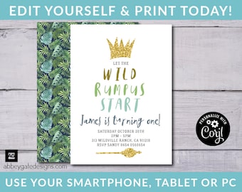 Where The Wild Things Are Party Invitation, INSTANT DOWNLOAD, Wild One Party, Wild Thing Party Invitation, Wild Things Birthday Invitation