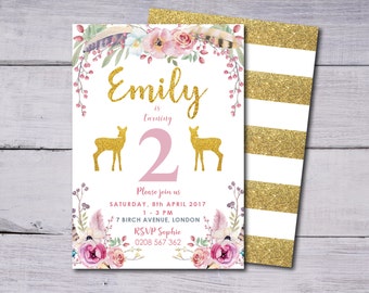 Floral Birthday Invitation, Deer Birthday Invitation, Girl's Birthday Invitation, Deer Invite, Deer Party Theme, Glitter Birthday Invite