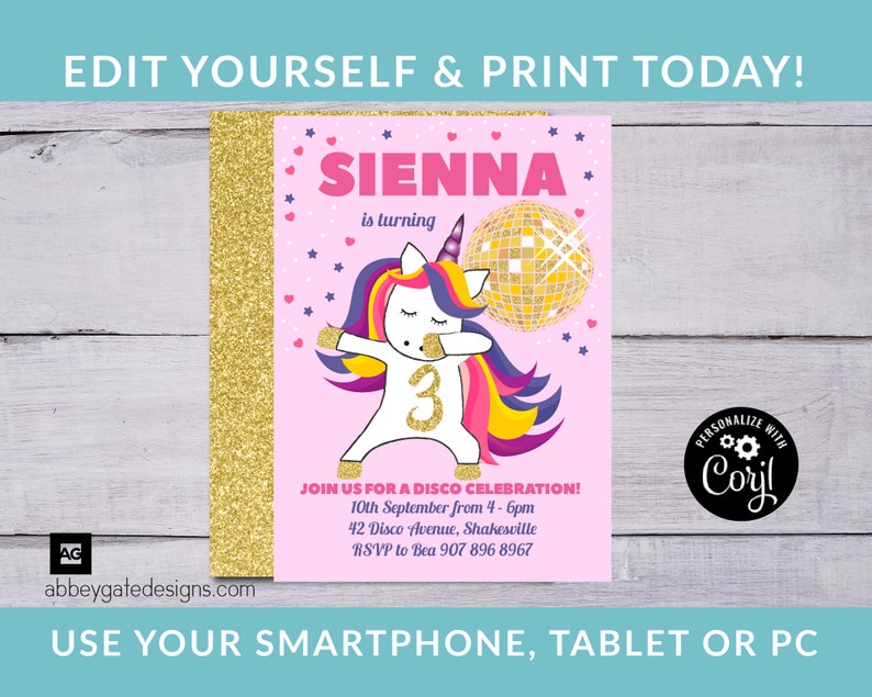 Unicorn Invitation, Editable Unicorn Invitation, Dabbing Unicorn, Unicorn Party Invitation, Unicorn Party Invite, Disco Unicorn Invite image 1