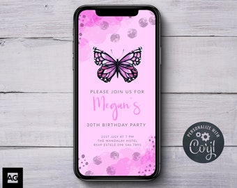 Purple Butterfly Invitation, Electronic Invitations, Digital Invites, SMS Butterfly Invites, Butterfly Birthday Invitation, Text Message