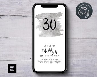 30th Birthday Invitation, Silver Birthday Evite, Text Birthday Evite, Phone Evite, Instant Download, Electronic Birthday Invite, Party Evite