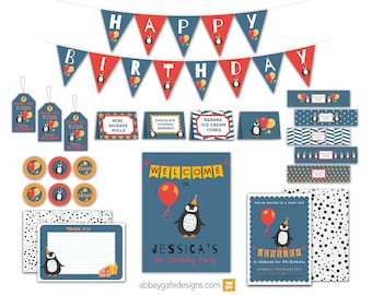 Penguin Birthday Kit, Personalised Penguin Party Bundle, Printable Penguin Party, Penguin Birthday Pack, Penguin Party Decoration