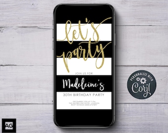 Party Evite, Black and White Let's Party Evite, Let's Party Invite, Black and GOLD Evite, Birthday Party Evite, INSTANT DOWNLOAD Party Evite