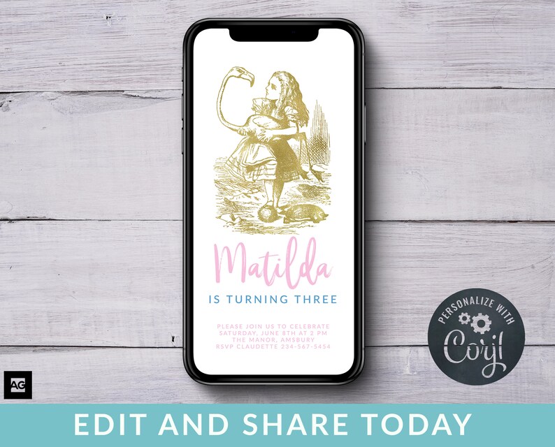 Digital Alice in Wonderland Party Invites INSTANT DOWNLOAD Alice In Wonderland Text Invites Electronic Gold Alice in