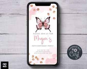 Rose Gold Birthday Invitation, Electronic Butterfly Invite, Digital Invitations, Text Message Invitations, Butterfly Invitation, Rose Gold