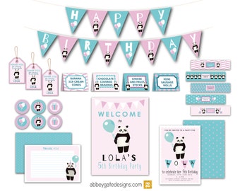 Panda Birthday Kit, Personalised Party Bundle, Printable Panda Party, Panda Birthday Invitation, Panda Party Decor, Pink and Blue Party
