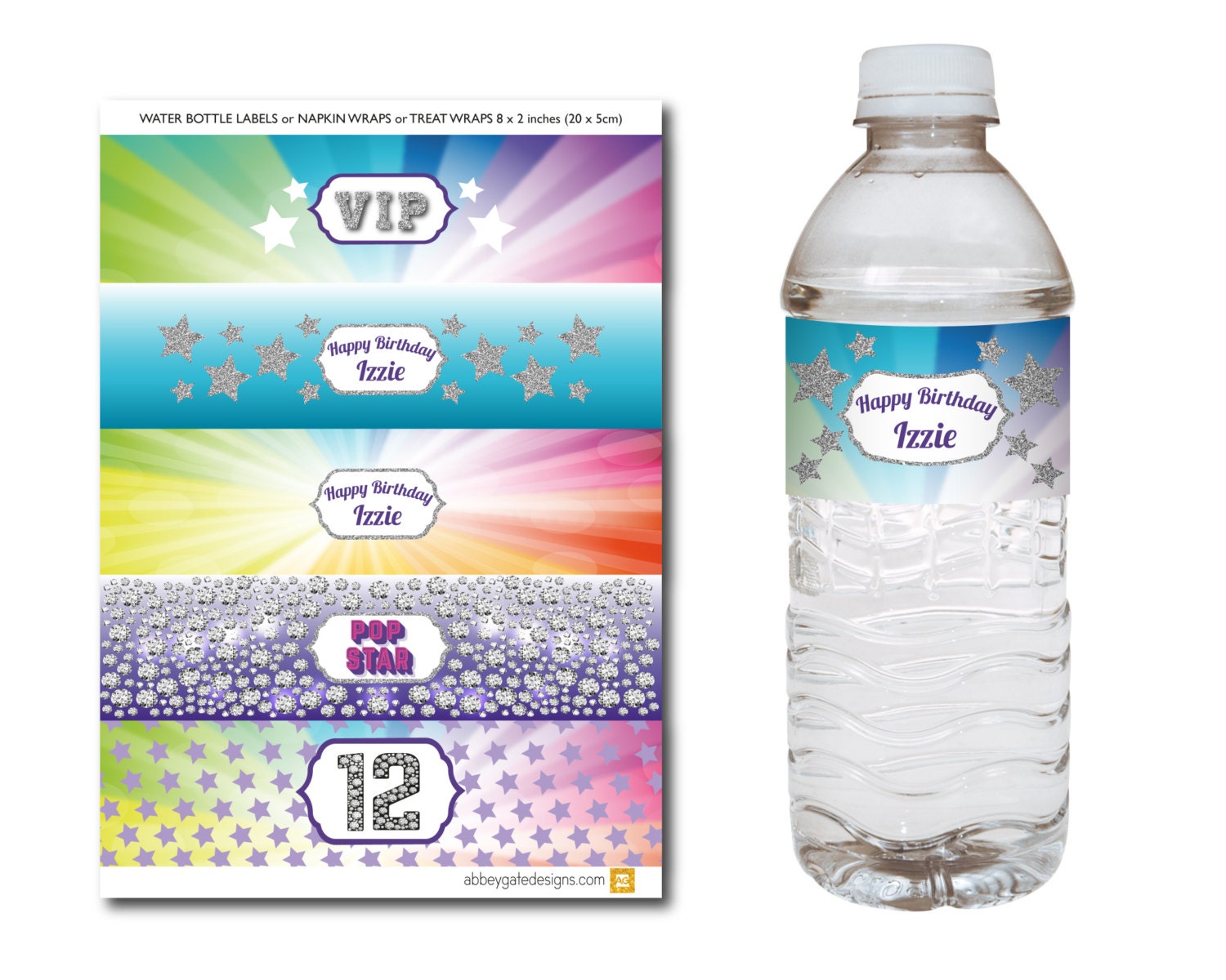 Personalised Printable Pop Party Water Bottle Labels Rainbow Etsy UK