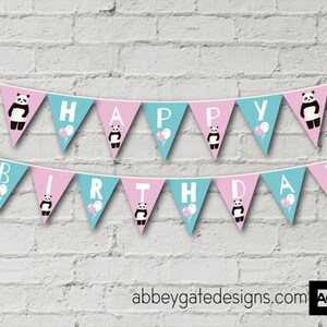 Panda Birthday Bunting, Instant Download,  Printable Birthday Banner, Happy Birthday Banner, Blue and Pink Birthday Bunting, Blue and Pink