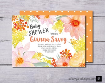 Floral Baby Shower Invitation, Pretty Baby Shower Invite, Peach Baby Shower Invitation, Summer Baby Shower Invitation, Baby