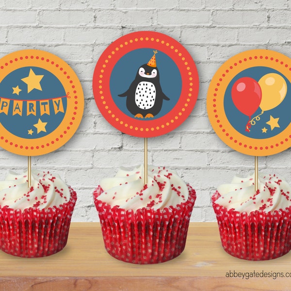 Penguin Cupcake Toppers, Printable Cake Toppers, Penguin Party Stickers, Black and White Cake Toppers, Penguin Decorations, Instant Download