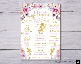 Fairy First Birthday Poster, Printable Fairy 1st Birthday Sign, Fairy Birthday Chalkboard Poster, Floral Fairy Birthday Fairy Party Sign