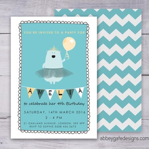 Bear Invitation, Bear Party Invitation, Printable Bear Birthday Invitation, Turquoise, Bear in a Tutu Birthday Invite, Teddy Bear&#39;s Picnic