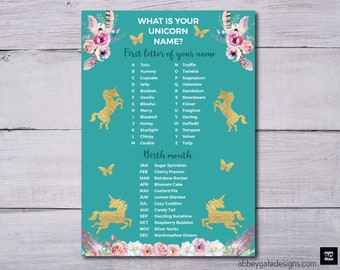 Unicorn Party Game, Unicorn Name Game, What's Your Unicorn Name, Unicorn Party Poster, Instant Download, PDF, Unicorn Party Sign, Party Game