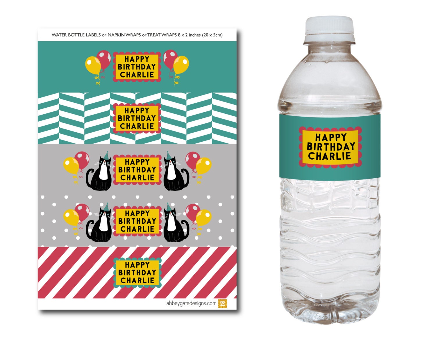 Personalised Printable Cat Water Bottle Labels Green and Red | Etsy