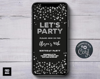 Birthday Party Evite, Party Electronic Invite, Phone Invitation, Phone Invite, Silver Digital Party Invite, Editable INSTANT DOWNLOAD EVITE
