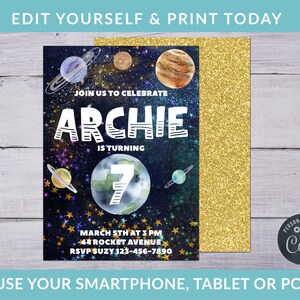 Planet Birthday Invitation, Outer Space Invitations, Space Themed Birthday Party Invitation, INSTANT DOWNLOAD, Planets Stars Party Invites
