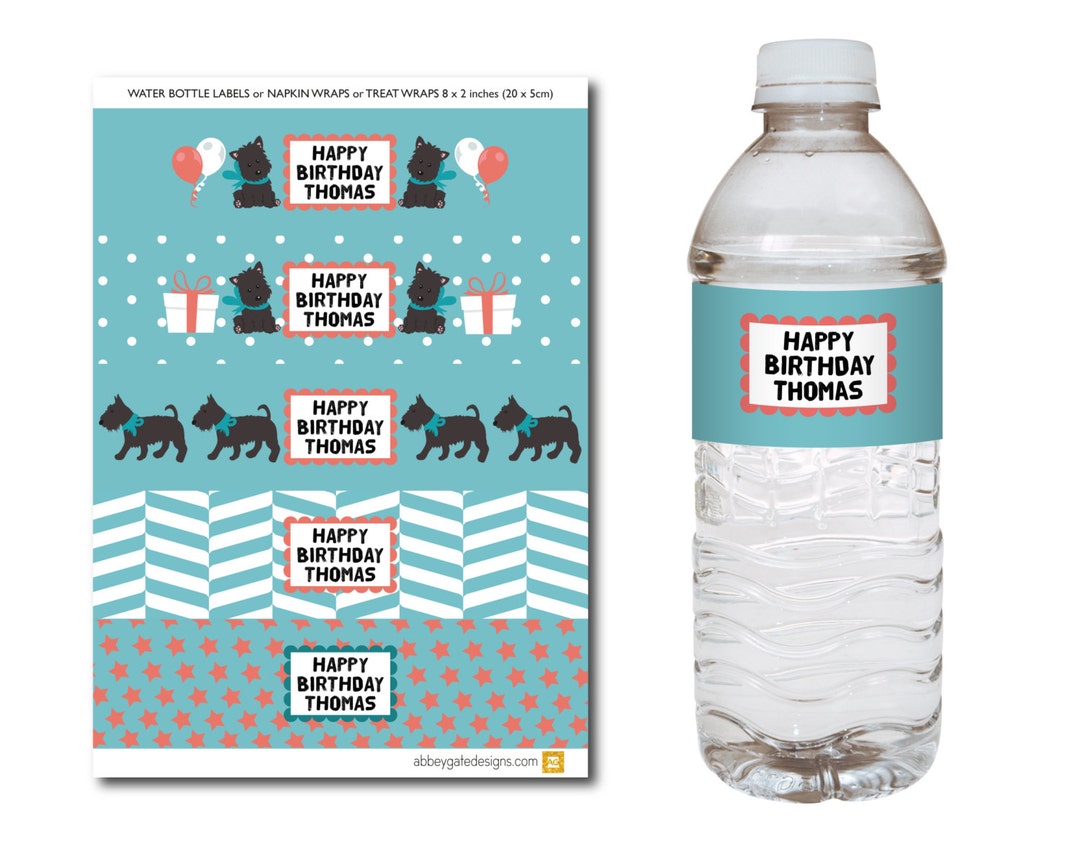 Personalised Printable Cute Dog Water Bottle Labels, Blue Bottle Labels