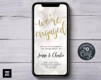 Electronic Engagement Party Evite, Engagement Party Phone Invite, We're Engaged Evite, Editable Engagement Party E-Invite, Gold Engagement