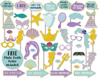 Mermaid Photo Booth Props, Photo Booth Poster, Party Mermaid Decor, Photo Props Ideas, Mermaid Party Favor, DIGITAL PRINTABLE Photo Props