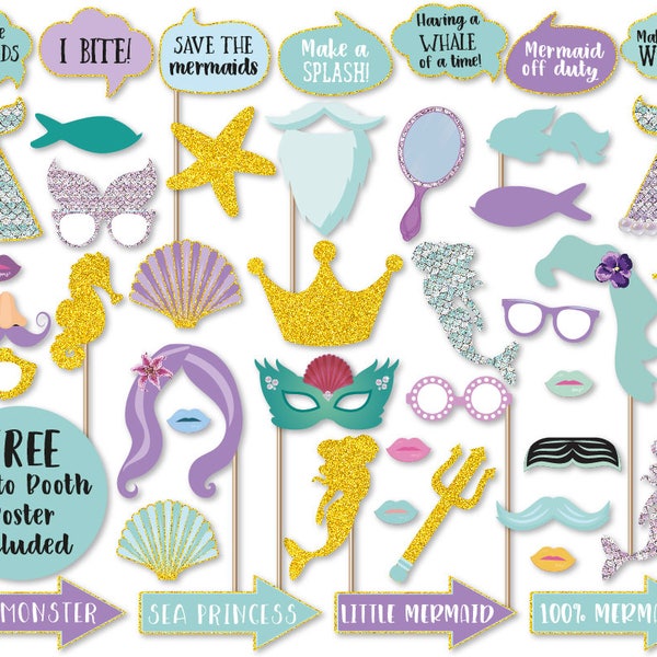 Mermaid Photo Booth Props, Photo Booth Poster, Party Mermaid Decor, Photo Props Ideas, Mermaid Party Favor, DIGITAL PRINTABLE Photo Props