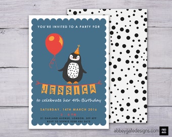 Personalised Penguin Invitation, Penguin Party Invitation, Printable Penguin Birthday Invitation, Blue Invite, Custom Penguin Party Invite