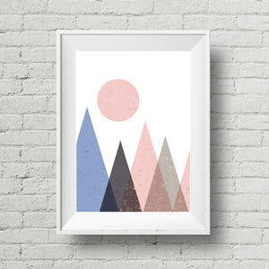 Geometric Mountain Art Print, Instant Download, Printable Wall Art, Pink and Blue, Digital Print, Blue and Pink Mountains, Digital Art Print