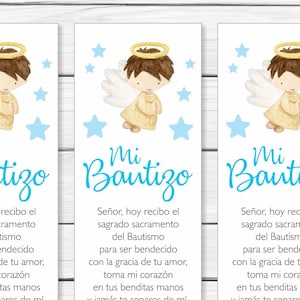 Bladwijzer voor doop Spaans - gepersonaliseerd - afdrukbare bladwijzer voor doop - engel - blauw en geel. Marcador Bautizos Español. Afscheider.
