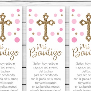 Segnalibro Battesimo Spagnolo - Personalizzato - Segnalibro Battesimo Stampabile Favore - Croce - Rosa e Oro. Marcador Bautizos Español. Separador.