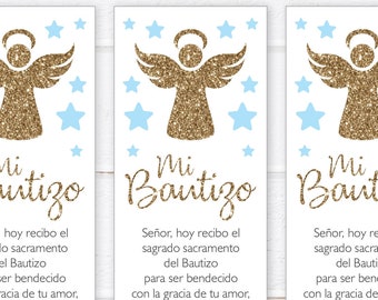 Pode incluir: Três designs de marcadores de página azuis e brancos com um anjo de purpurina dourada e estrelas. O texto diz "Mi Bautizo" e inclui o nome "Daniel Medina" e a data "22 de Dezembro de 2018".