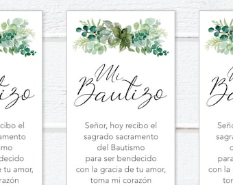 Bookmark Doop Spaans - Gepersonaliseerd - Afdrukbare Doop Bookmark Favor - groene bladeren. Marcador Bautizos Español. Scheidingsteken.