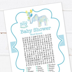 Recherche de mots pour baby shower d'éléphants - Jeux de baby shower d'éléphants à imprimer - Jeux de baby shower d'éléphants pour garçons - C'est un garçon !