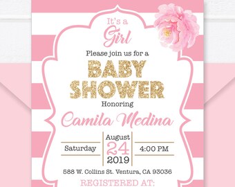 Pink and Gold Baby Shower Invitation - Printable Baby Shower Invitation Girl - It's a Girl Pink and Gold Babyshower Invite - Digital