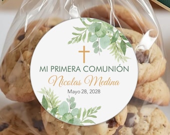First Holy Communion Stickers for favors, Spanish and English, Stickers for 1st Communion Favors, Green Leaves and Cross Mi Primera Comunion