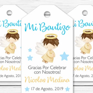 Bedankkaartjes doopsel Spaanse jongen - gepersonaliseerd - afdrukbare bedankkaartjes bedankkaartjes gunsten - engel - blauw en geel bedankkaartjes Espanol