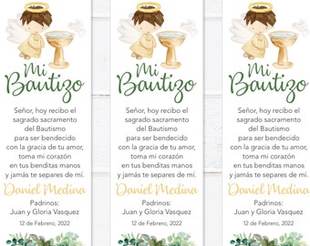 Angel Green Leaves Baptism Bookmark in Spanish,  Personalized, Printable Baptism Bookmark Favors, Marcador Bautizos Español, Separador Hojas