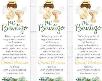 Angel Green Leaves Baptism Bookmark in Spanish,  Personalized, Printable Baptism Bookmark Favors, Marcador Bautizos Español, Separador Hojas