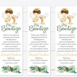 Marque-page de baptême ange feuilles vertes en espagnol, marque-page de baptême personnalisé, imprimable pour les faveurs, Marcador Bautizos Español, Separador Hojas