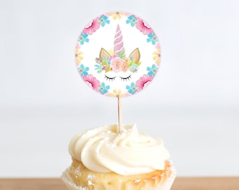 Einhorn Cupcake Toppers - Digital druckbare Einhorn Cupcake Toppers - für Mädchen - Floral Einhorn Geburtstag Party Dekoration.