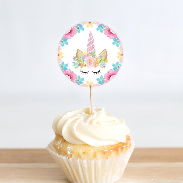 Unicorn Birthday Cupcake Toppers -  Digital Printable Unicorn Cupcake Toppers - For Girls - Floral Unicorn Birthday Party Decoration.