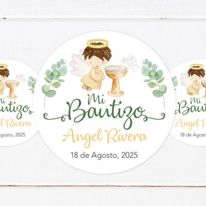 Stickers Baptism Decorations in Spanish - Stickers for baptism favors - Baptism Stickers Green Leaves Angel, Baptism Stickers.