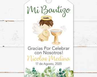 Baptism Thank You Tags Spanish Green Leaves Angel, Printable Baptism Thank You Favor Tags Girls / Boys, Etiquetas Gracias Bautizo Español.