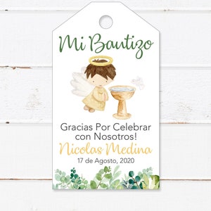 Etiquetas de agradecimiento por bautizo, ángel de hojas verdes en español, etiquetas de agradecimiento por bautizo imprimibles para niñas/niños, etiquetas Gracias Bautizo Español.