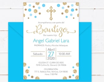 Baptism Invitation In Spanish Printable Boy - Invitacion Bautizo Bautismo En Espanol Para Imprimir. Invitacion Español Para Niños Azul.