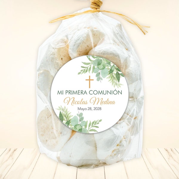 First Holy Communion Stickers for favors, Spanish and English, Stickers for 1st Communion Favors, Green Leaves and Cross Mi Primera Comunion