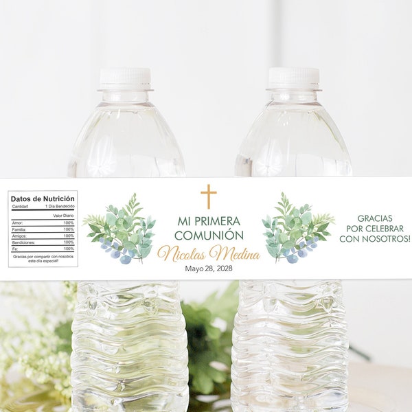 First Communion Water Bottle Labels Cross, Printed First Communion Water Bottle Labels, Etiquetas Primera Comunion Botellas de Agua Cruz