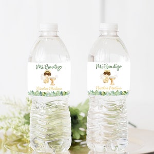 Etiquettes pour bouteilles d'eau de baptême Angel Green Leaves en espagnol, étiquettes imprimables pour bouteilles d'eau de baptême, etiquetas bautizo botellas de agua.