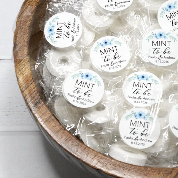 Wedding stickers for mints 1” diameter perfect for favors, printed wedding stickers with blue flowers - FREE SHIPPING
