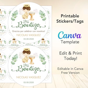 Pegatinas de bautismo imprimibles, etiquetas para niños en español, plantilla editable de Canva con hojas verdes de ángel, pegatinas, etiquetas para bautismo de niño, plantilla Canva.