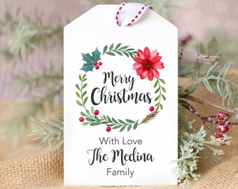 Personalized Christmas Gift Tags - Printable Christmas Gift Tags - Merry Christmas Wreath Gift Tag - Printable Christmas Holiday Tags