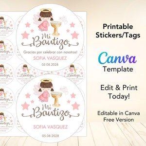 Printable Baptism Stickers Tags Spanish girls, Angel Pink Stars Editable Canva Template, Stickers Etiquetas Bautizo Niña Canva Plantilla.